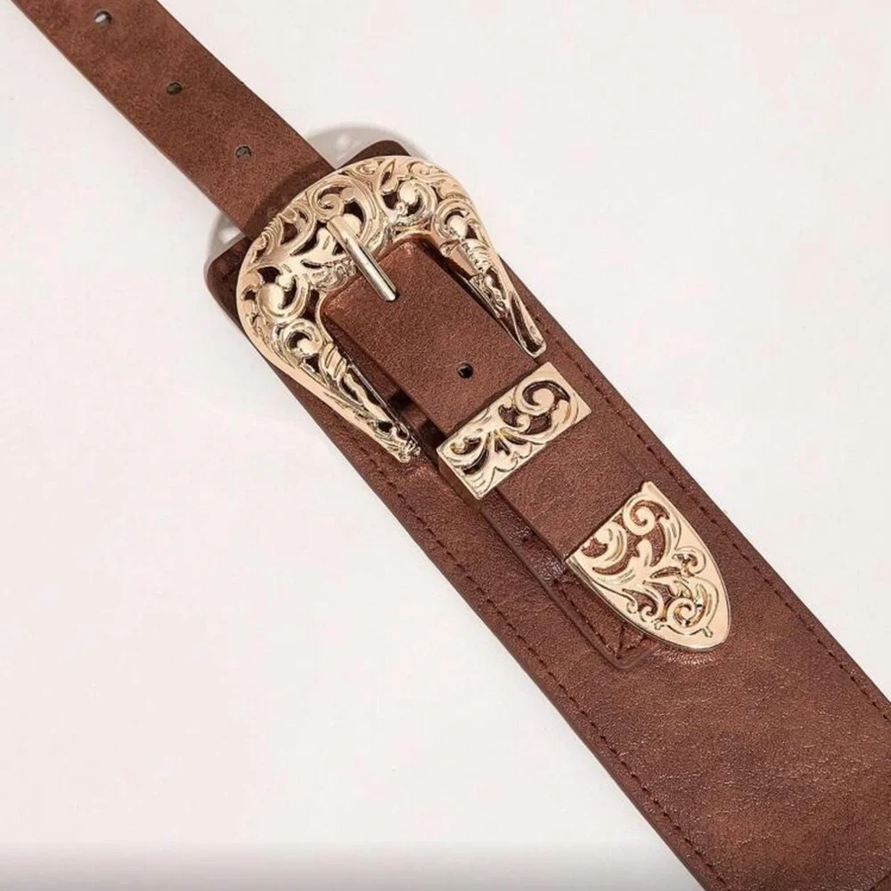 Brown Western Gold Double Buckle Stretchy Belt